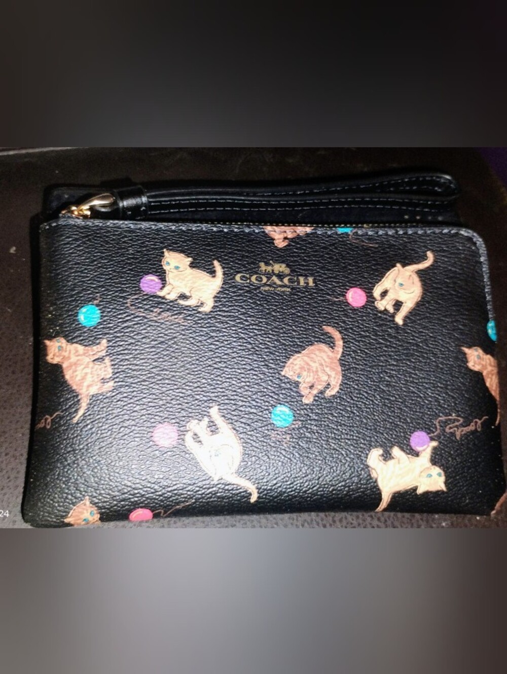 New Coach Black Cat Print Leather Wristlet